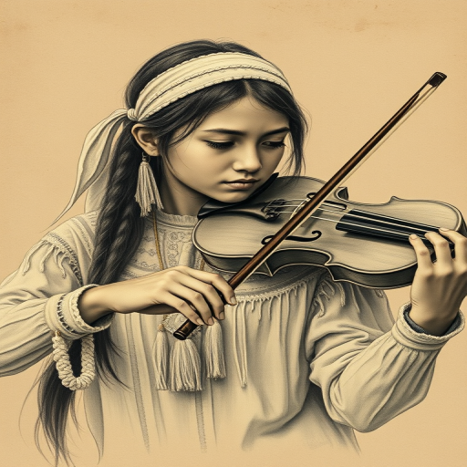 a young First Nations woman with a white headband playing a violin, in the style of a charcoal drawing, sepia grunge background
