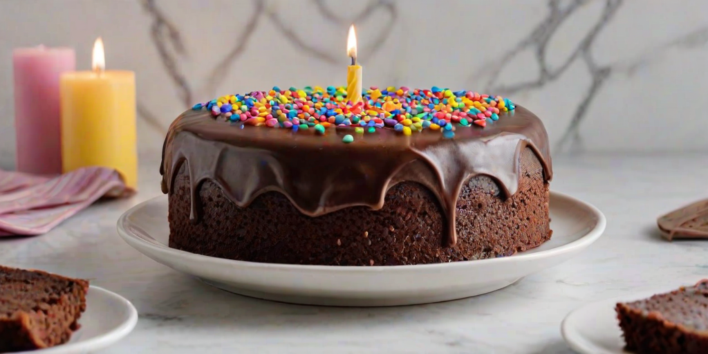 Create an image of a round chocolate cake with smooth chocolate frosting. The cake should have a decorative pattern on the top and be covered in colorful sprinkles. Add a single candle in the center and place the cake on a simple white plate, set against a light marble background.