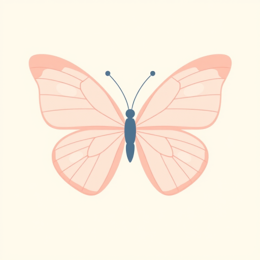Create a minimalist illustration of a butterfly with two large wings. The wings should be in soft pink and light blue shades, with a simple, elegant design. Add delicate antennae and a subtle outline for the butterfly's body. The background should be light and unobtrusive.