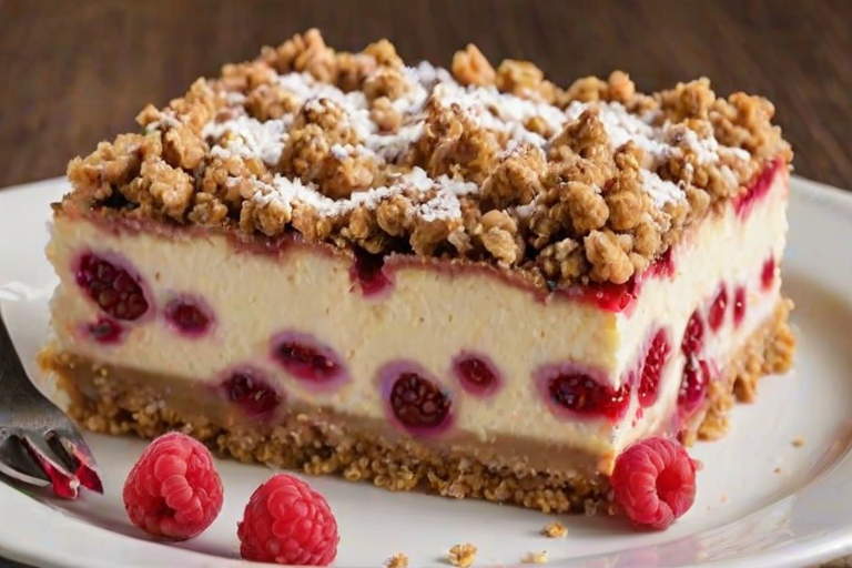 Create an image of a delicious dessert slice featuring layers of creamy filling, fresh raspberries, and a crumbly topping. The slice should be presented on a white plate with a fork beside it. The dessert should look rich and inviting, with a drizzle of icing on top and some raspberry pieces scattered around.