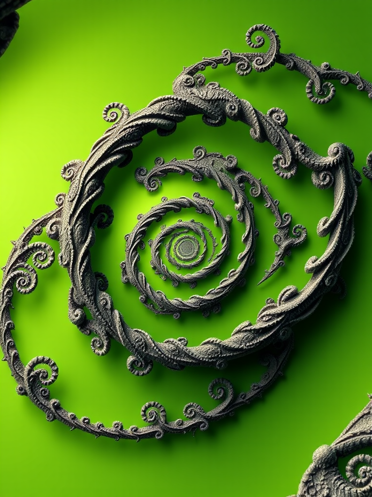 Create a high-resolution fractal image with intricate spiral patterns and a soft green background, using a DSLR camera with a 50mm lens, f/11 aperture, 1/125 shutter speed, and ISO 100, shot from a top-down view to capture the layered details and smooth gradients.