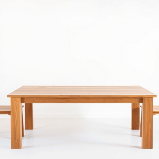 A minimalist wooden dining table with a natural finish, placed against a plain white background, captured with a Canon EOS R5, 35mm lens, f/8 aperture, ISO 100, natural lighting, shallow depth of field for a soft background blur.