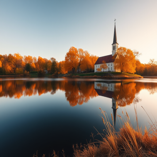 Create a vibrant autumn landscape featuring a serene church beside a reflective lake, with trees in shades of orange and yellow, using a Canon EOS 5D Mark IV, 50mm f/1.8 lens, aperture f/8, ISO 100, and a wide-angle perspective to capture the warm hues and reflections beautifully.