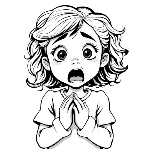 The image is a black and white illustration of a young girl with curly hair. She has a surprised expression on her face with her mouth open and her hands clasped together in front of her chest. Her eyes are wide and her eyebrows are furrowed. Her hair is styled in loose curls that are cascading down her back. The overall mood of the image is one of shock or surprise.