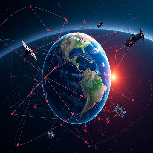 Create a vibrant digital illustration of Earth surrounded by satellites in orbit, showcasing a network of connections with red dots representing locations, with a cosmic background, using a Canon EOS R5 with a 24mm f/1.4 lens, shot in high dynamic range for enhanced detail and color richness, with a panoramic view for depth.