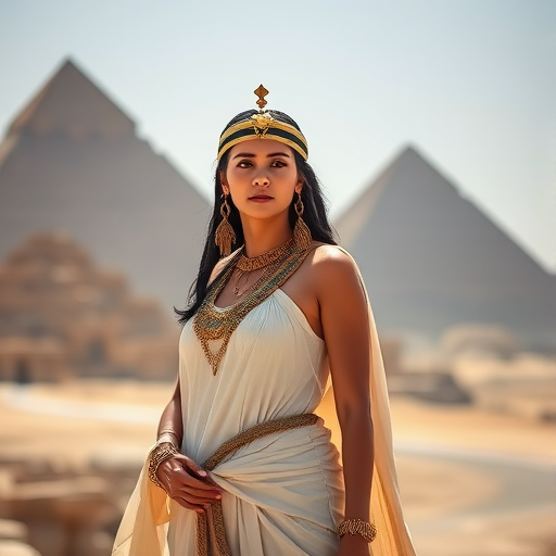 Regenerate the image of a woman in ancient Egyptian attire standing in front of the pyramids, golden accessories and flowing fabric, captured with a Canon EOS R5, 50mm lens, f/1.8 aperture, ISO 100, in bright daylight for enhanced sharpness and richness in colors.