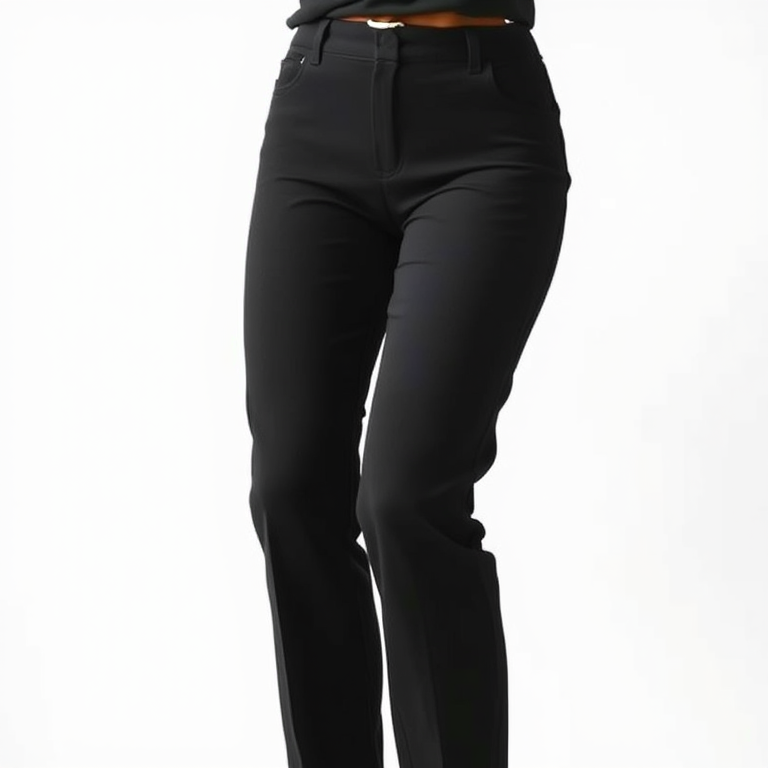 Create a high-resolution image of fitted black pants, front view, using a DSLR camera with a 50mm lens, aperture set to f/2.8, ISO 100, soft natural lighting, and a plain white background for contrast.