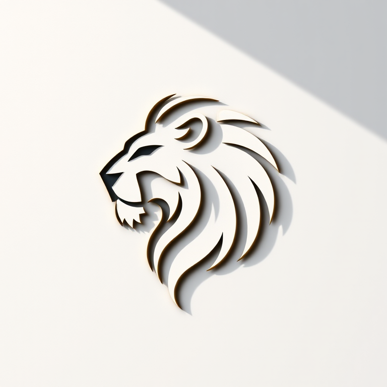 Generate a high-quality illustration of a sleek, modern logo featuring a stylized lion's head in profile view, designed with a minimalist approach, using a Canon EOS R5 camera with a 50mm f/1.2 lens, aperture set to f/2.8, ISO 100, and soft natural lighting to enhance the intricate details and textures.