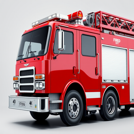 Create a high-resolution digital illustration of a red fire truck with a glossy finish, side view, using a Canon EOS 5D Mark IV, aperture f/8, ISO 100, 50mm lens, soft lighting for enhanced detail and clarity.