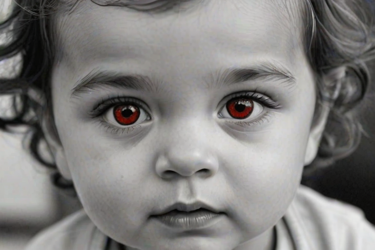 A hyperdetailed photorealistic black and white sketch of a beautiful toddler with deep red eyes, with a macro focus