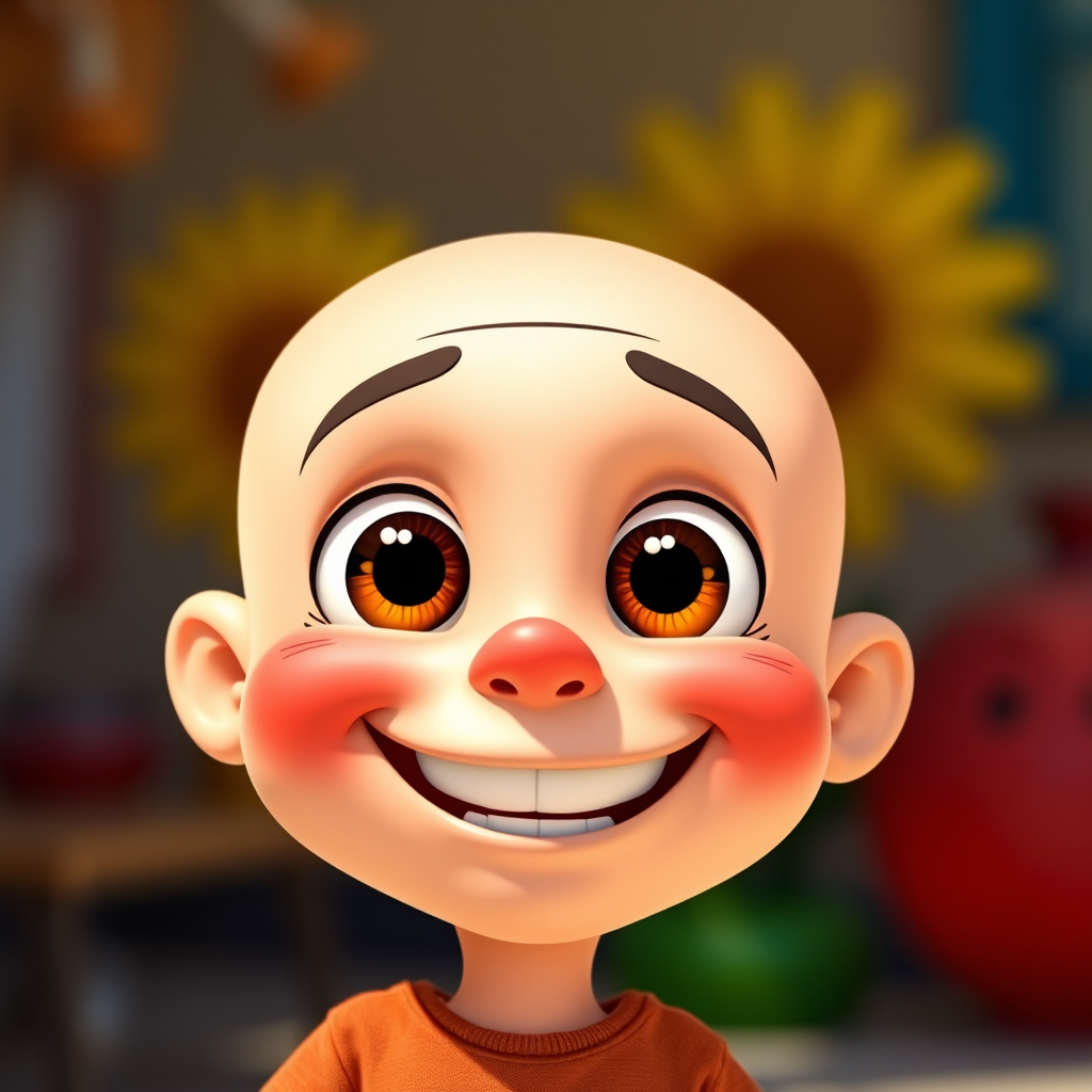 create a vibrant illustration of a cheerful bald cartoon character with large brown eyes and an expressive smile using a Canon EOS R5 camera, 50mm lens, f/1.8 aperture, ISO 100, shot in natural light, with a shallow depth of field to enhance details and colors