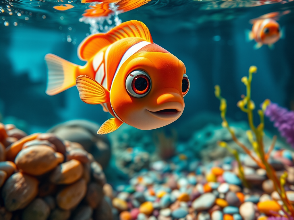 Generate a vibrant underwater scene featuring a cartoonish fish with big eyes swimming just below the water's surface, surrounded by colorful pebbles and aquatic plants, captured with a DSLR camera at f/2.8 aperture, 50mm lens, ISO 100, low angle view, soft natural lighting.