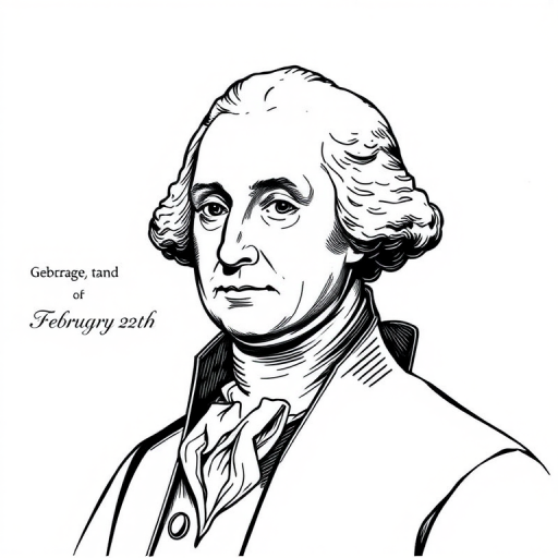 Create a detailed line drawing portrait of George Washington with the text "George Washington February 22nd" alongside, using a DSLR camera with a 50mm lens, f/2.8 aperture, ISO 100, and natural lighting for soft shadows and enhanced detail.