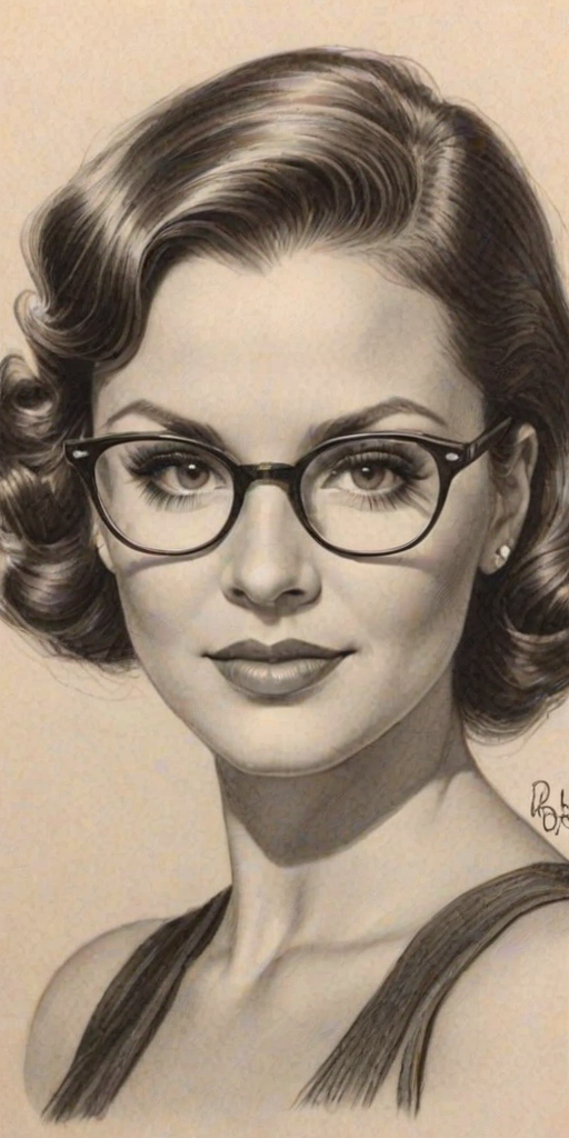 Bewitching Brooke Adams, pencil sketch, portrait of Ravishing woman 1935s in glasses, hair style beatnik, outline, clear lines, fine lines, 8k
