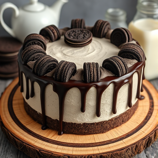 Create an image of a round chocolate cake with a creamy Oreo filling and frosting on top. The cake is decorated with whole Oreo cookies arranged around the edge and has chocolate ganache drizzled down the sides. It is placed on a wooden cake stand with a rustic look, and there are milk and a teapot in the background.