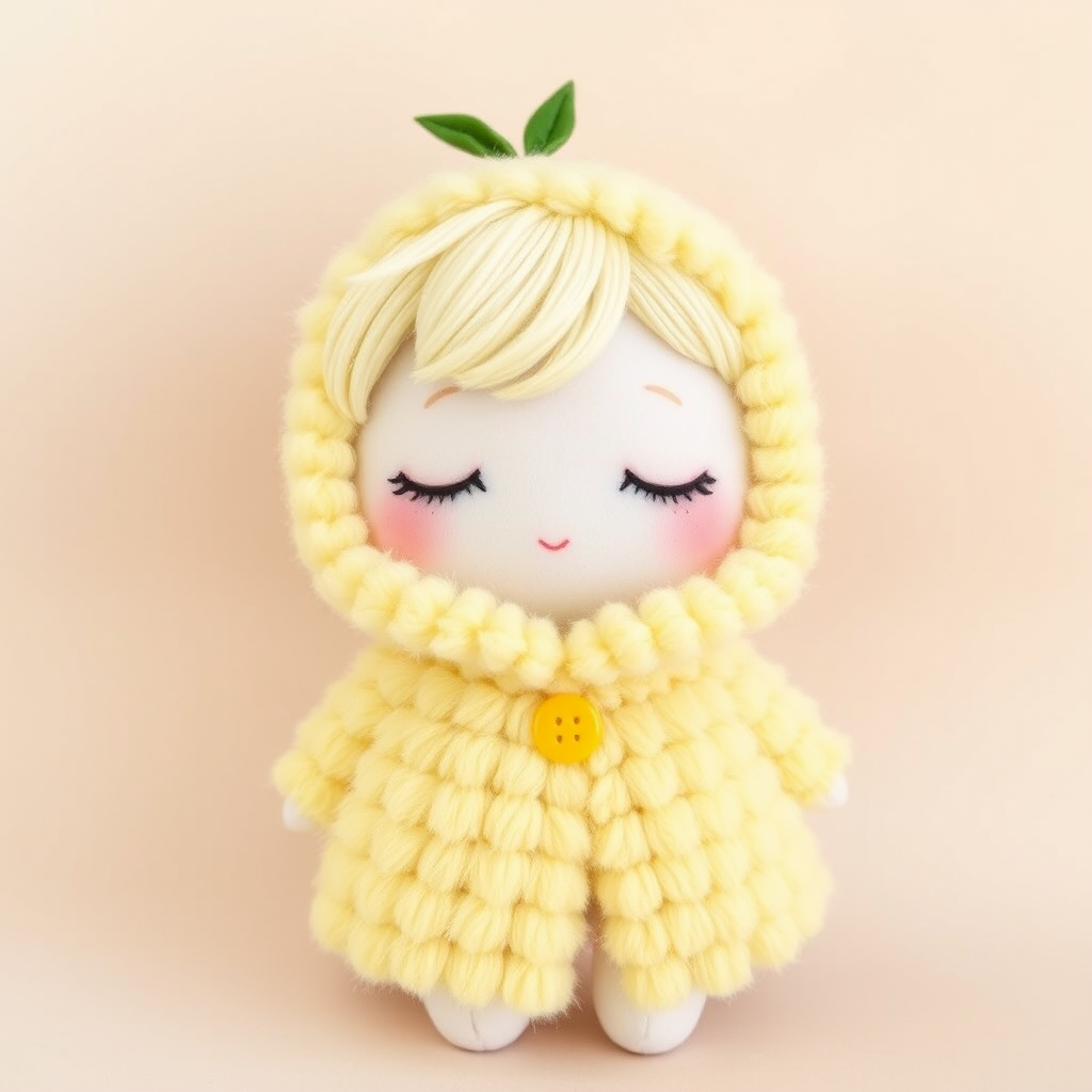 A cute doll resembling a *cereal*, dressed in a fluffy yellow coat that mimics the texture of corn kernels. The doll has soft, closed eyes and light blonde hair, adorned with green leaves and a yellow button at the collar. The background is a soft beige to complement the colors of the doll, and the overall style is whimsical and pastel, emphasizing a cozy, huggable appearance.