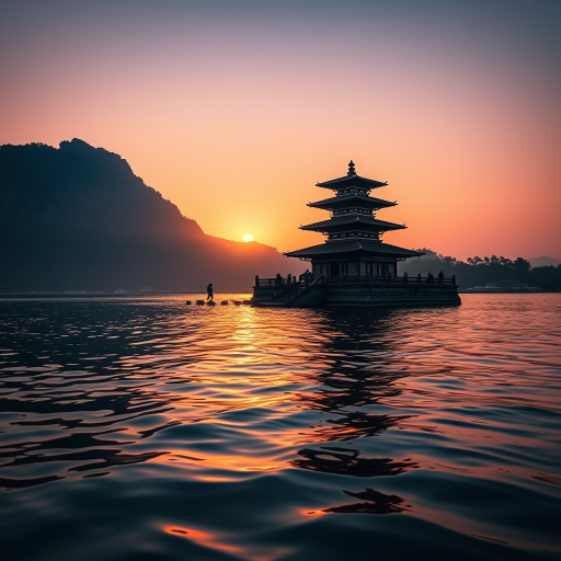photograph of an ancient pagoda on water during golden hour, ISO 100, aperture f/8, shutter speed 1/200 sec, taken with a DSLR camera, wide-angle lens, natural light, soft focus for enhanced details