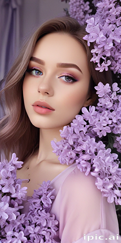 Enchanting Portrait of a Young Woman Surrounded by Beautiful Lilac Flowers