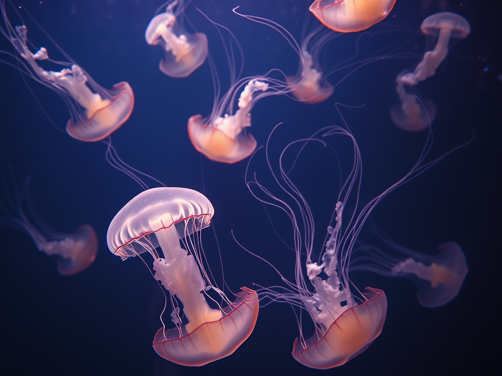 Create a high-resolution underwater scene featuring luminous jellyfish gracefully swimming in a dark ocean, with soft backlighting to enhance their translucence, shot with a DSLR camera at ISO 200, aperture f/2.8, shutter speed 1/60s, using a wide-angle lens for a dynamic perspective.