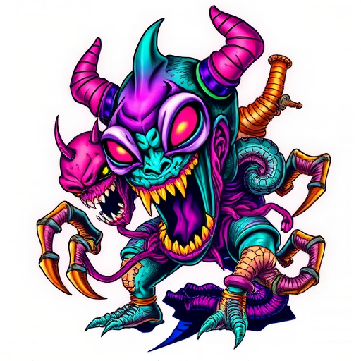 New school tattoo dubbed "Neon Nightmares" portraying exaggerated cartoon-style monsters and creatures in vivid neon colors with bold outlines and dynamic posing