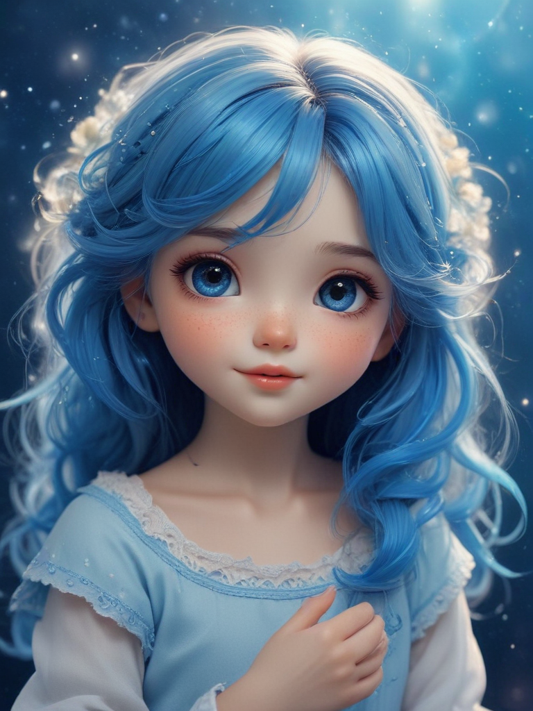 Enchanting Portrait of a Girl with Sparkling Blue Hair and Gentle Eyes