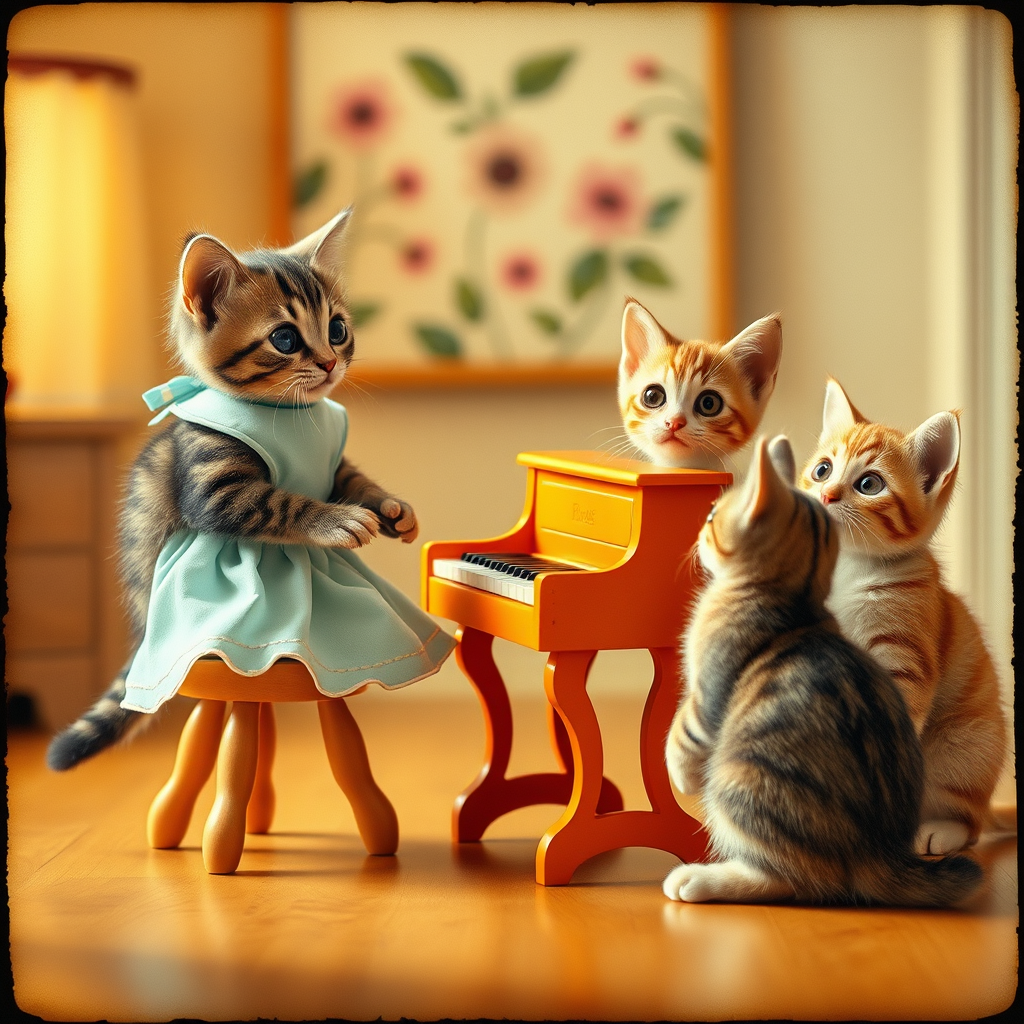 A charming scene of three cute cats in a vintage-style room. One cat, wearing a small, light-blue dress, sits on a tiny stool playing a miniature orange piano. Two other cats, with wide, curious eyes, watch the piano-playing cat intently. The room has warm lighting, with a cozy, old-fashioned aesthetic, soft wooden floors, and a blurred floral painting in the background. The overall mood is playful and whimsical, capturing the innocent curiosity of the cats. The image has a slightly worn, nostalgic feel, reminiscent of an old photograph.