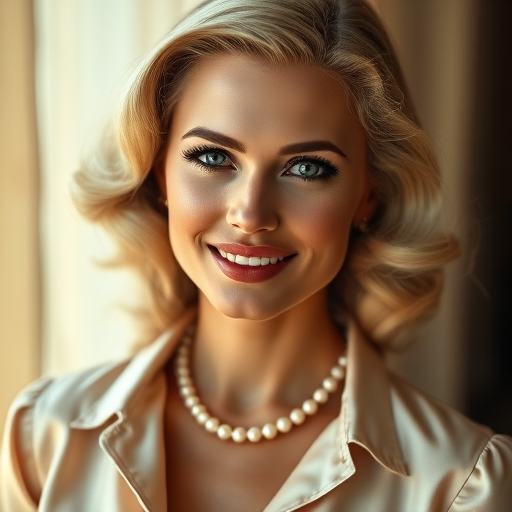A beautiful Native American woman reminiscent of 1950s Hollywood glamour, with perfectly styled blonde hair and a seductive smile, dressed in a satin blouse and adorned with pearls, soft and warm tones, photorealistic, 8K
