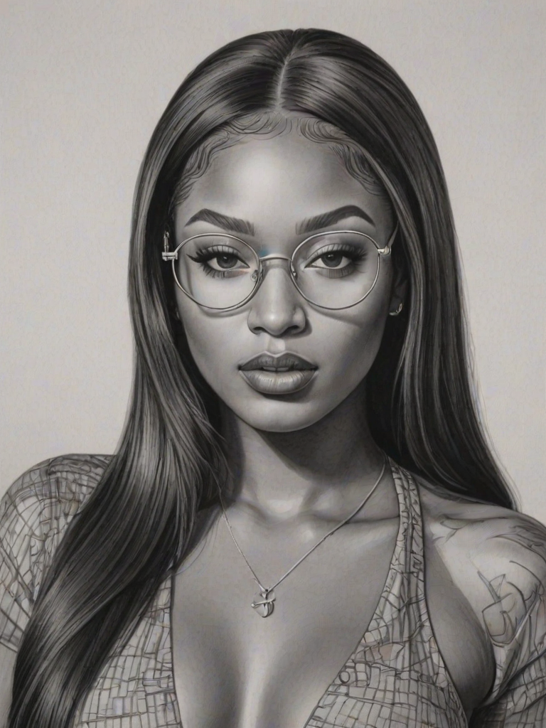 Alluring Megan Thee Stallion, pencil sketch, portrait of Charming woman 1973s in glasses, hair style beatnik, outline, clear lines, fine lines, 8k