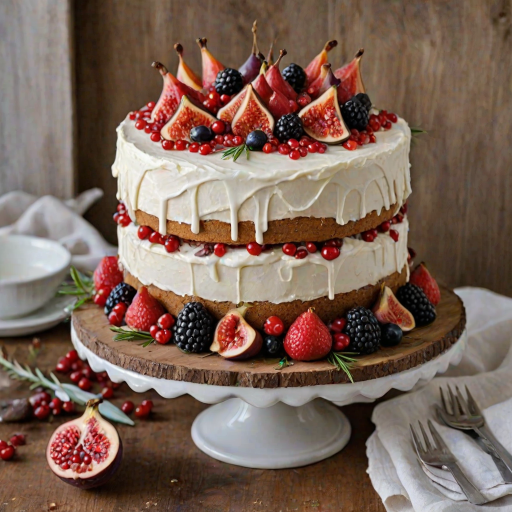 Create an image of a beautifully layered cake with a smooth white frosting. The cake should have a glossy red fruit topping dripping down the sides. Decorate the top with fresh berries, figs, and pomegranate seeds, along with sprigs of rosemary for a touch of greenery. Place the cake on a simple white cake stand, set against a rustic wooden background.