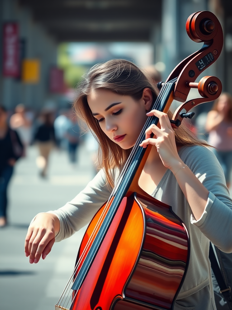 Young woman playing cello in a busy urban setting, bright sunlight, shallow depth of field, ISO 100, f/2.8, 1/2000s, DSLR camera, 85mm lens, high-resolution, vibrant colors.