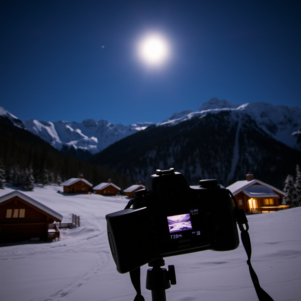 Capture a night scene of snow-covered mountains and cabins under moonlight, using a DSLR camera with a 24mm lens, aperture set to f/2.8, ISO 1600, and exposure time of 1/30 sec, in a long exposure style to enhance the glow of the moon and soft lighting on the snow, with a slight tilt-up view.