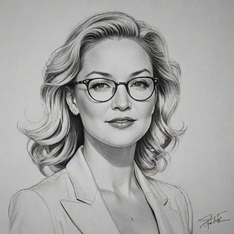 Stunning Kate Hudson, pencil sketch, portrait of Wonderful woman 1940s in glasses, hair style beatnik, outline, clear lines, fine lines, 8k