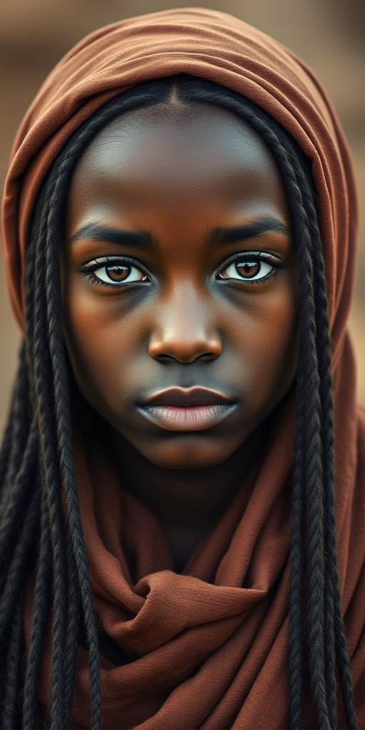 Create a portrait of a young Zulu female with long, dark hair and captivating hazel eyes. She is wearing a brown headscarf and a matching scarf draped gracefully around her neck. The background is softly blurred, focusing attention on her serene and natural expression. The overall color palette is muted and warm, enhancing the intimate and authentic feel of the portrait.