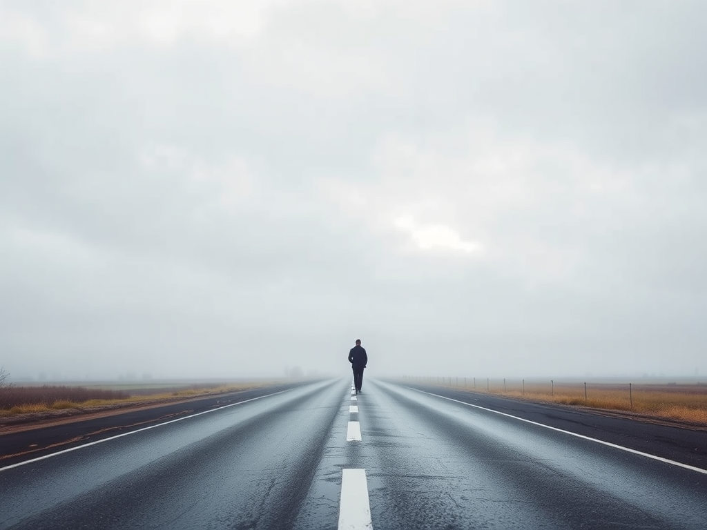 Generate a watercolor painting of a solitary figure walking down an empty road under a cloudy sky, with an emphasis on soft gradients and reflections on the wet pavement, using a Nikon D850 with a 50mm lens, f/2.8 aperture, ISO 200, and a wide-angle view to capture the expansive landscape.