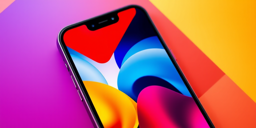 generate a vibrant and abstract smartphone design featuring bold colors like red, blue, and yellow on a gradient background with geometric shapes, camera settings: f/2.8, ISO 100, 1/60s, camera view: close-up, camera style: high dynamic range, camera type: digital mirrorless
