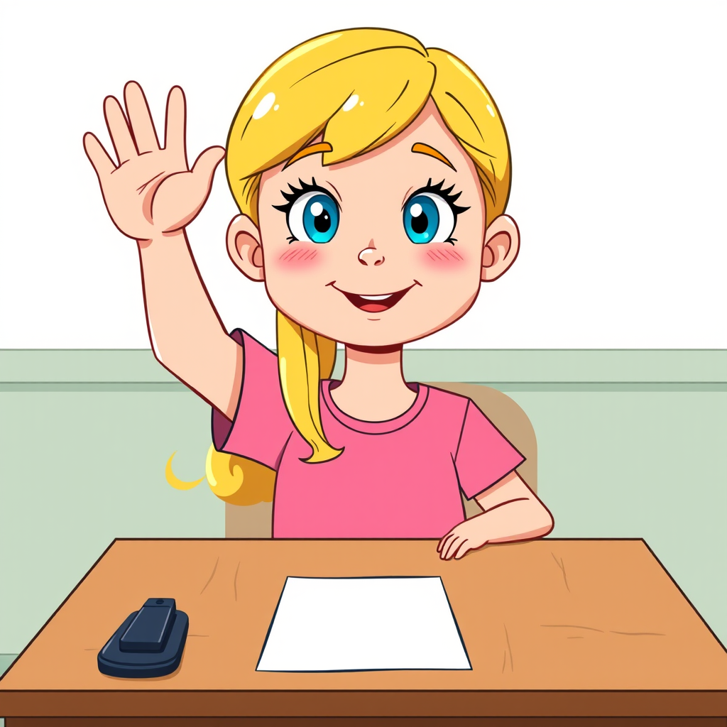 Create a vibrant cartoon-style illustration of a girl with blonde hair raising her hand, wearing a pink shirt, sitting at a brown desk with a blank paper in front of her, shot with a digital camera at f/4 aperture, ISO 100, in natural light, using a wide-angle lens for a clear and engaging perspective.