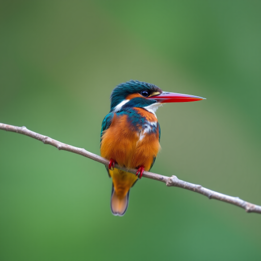 A vibrant kingfisher perched on a branch with a blurred green background, captured with a Canon EOS R5, 85mm lens, aperture f/2.8, ISO 200, shutter speed 1/250s, in soft focus style for enhanced detail and clarity.