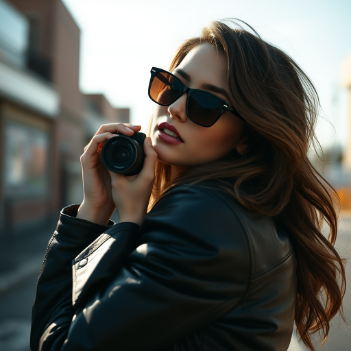 Outdoor shot, stunning female model, vintage leather jacket, sunglasses, cinematic effect, Position the camera at the model’s eye level using a 35mm f/1.4 lens