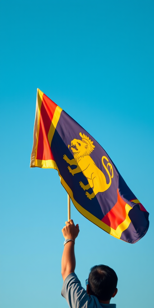 A person holding the Sri Lankan flag high against a clear blue sky, shot with a Nikon D850, 85mm lens, f/1.8 aperture, ISO 200, natural lighting, focus on the flag, shallow depth of field.