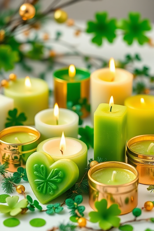 Create a vibrant still life scene featuring various green and gold candles in heart and square shapes, surrounded by decorative shamrocks and festive embellishments, captured with a DSLR camera at f/2.8 aperture, ISO 100, 50mm lens, natural lighting for a warm glow, shallow depth of field, and a slightly elevated angle to enhance the composition.