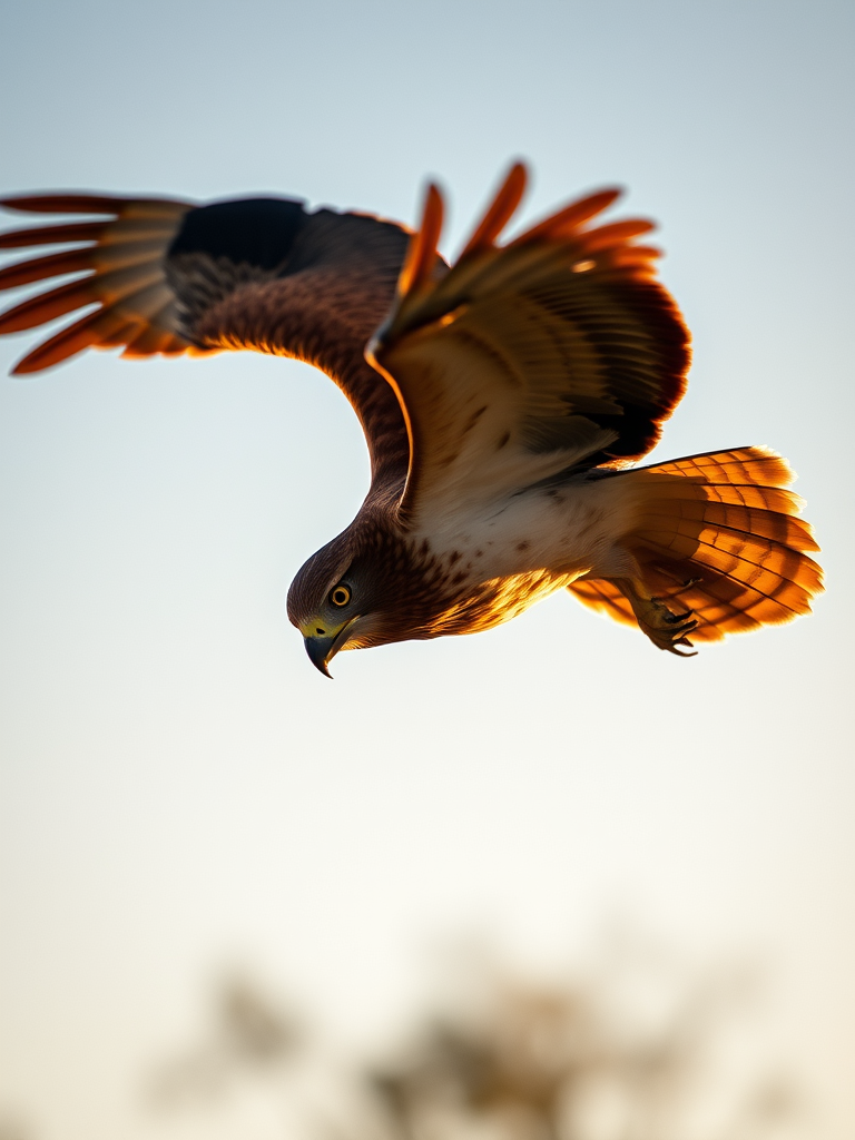 Create a high-resolution image of a hawk flying towards the camera during golden hour, focus on the bird's details, using a DSLR camera with a 70-200mm lens, aperture f/2.8, shutter speed 1/1000s, ISO 200, shot from a low angle.