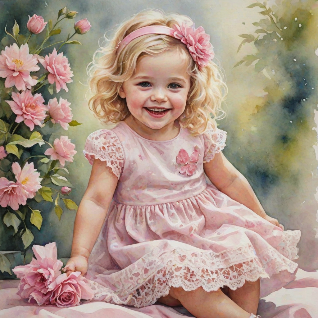 hyperrealism happy smiling toddler girl with messy wavy blonde hair with a headband, she is wearing a pink and white lace dress with pink and white shoes, she is holding a pink bouquet of flowers. Pink flowers and butterflies. summer background. Watercolor Highly detailed