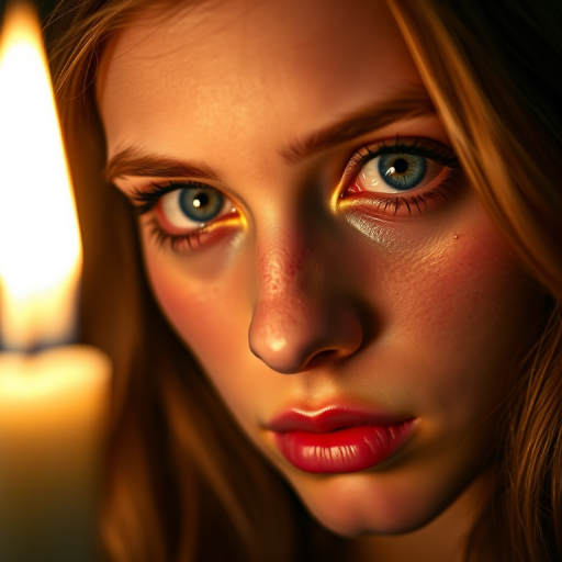 Close-up portrait of a young woman with striking blue eyes, illuminated by a candlelight glow, capturing her emotional expression with tears subtly glistening on her cheeks, using a 50mm lens at f/1.8, ISO 200, with a shallow depth of field, shot in low light for dramatic effect, using a full-frame DSLR camera.
