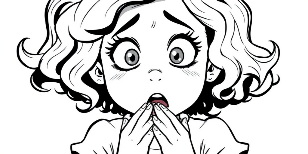 The image is a black and white illustration of a young girl with curly hair. She has a surprised expression on her face with her mouth open and her hands clasped together in front of her chest. Her eyes are wide and her eyebrows are furrowed. Her hair is styled in loose curls that are cascading down her back. The overall mood of the image is one of shock or surprise.