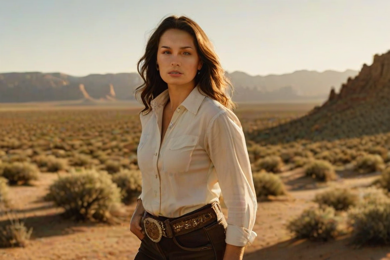 Dramatic photo of a beautiful Western American woman, classic cowboy attire, confident and free spirit expression, half-length portrait, centered, golden hour desert landscape, warm, diffused light, low angle, medium format film camera, in style of Annie Leibovitz.
