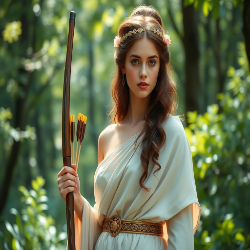 Create a portrait of a goddess-like Coptic girl figure in a tranquil, forested environment. She has an elegant appearance with long, wavy hair styled in an updo and adorned with a delicate, floral headband. She wears a flowing, ancient Greek-inspired gown in a soft, pale color, featuring a one-shoulder design and draped fabric that accentuates her graceful form. The outfit includes a decorative belt with ornate gold detailing, and she holds a bow in her hand, with a quiver of arrows slung over her shoulder. The background depicts lush greenery, with sunlight filtering through the trees, casting a gentle, ethereal light on the scene. Her expression is calm and contemplative, embodying a sense of wisdom and serenity.