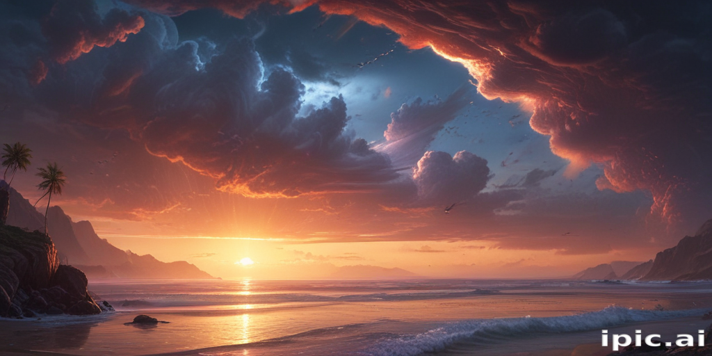 A Breathtaking Sunset Over a Serene Beach with Dramatic Clouds Above