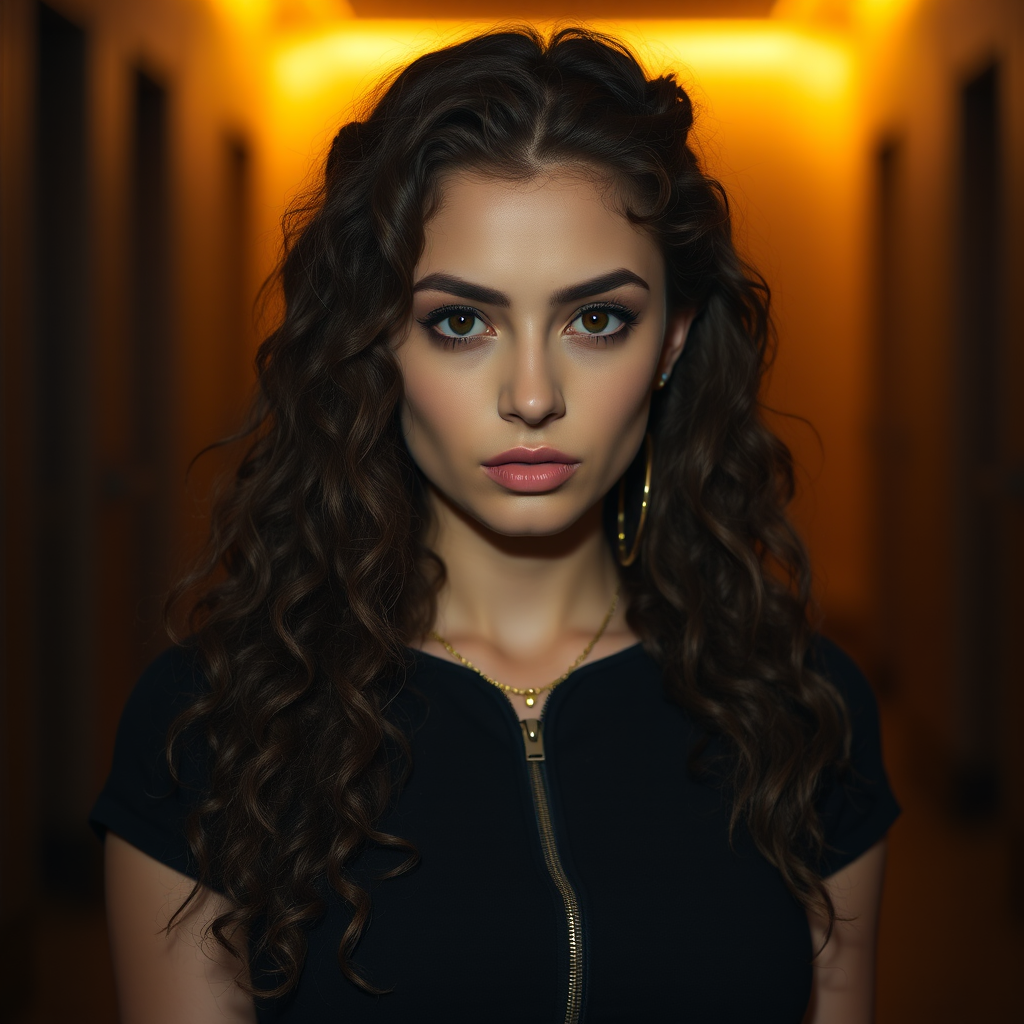 A young woman with long, curly brown hair is looking directly at the viewer. She is wearing a black top with a zipper down the front. The setting is a dimly lit interior space, with a warm, golden light emanating from the background. Her expression is neutral, with a hint of seriousness. The image is a close-up portrait with a shallow depth of field, focusing on the woman's face and torso. The background is blurred, creating a soft and intimate atmosphere.  She is wearing large gold hoop earrings, and a small gold chain is visible around her neck.  Her makeup is natural and simple, highlighting her brown eyes. The lighting creates subtle shadows that accentuate her features.  Her skin is smooth and glows in the soft light. The composition is balanced, with the woman's face positioned in the center of the frame.  The image is focused on capturing her beauty and confidence.