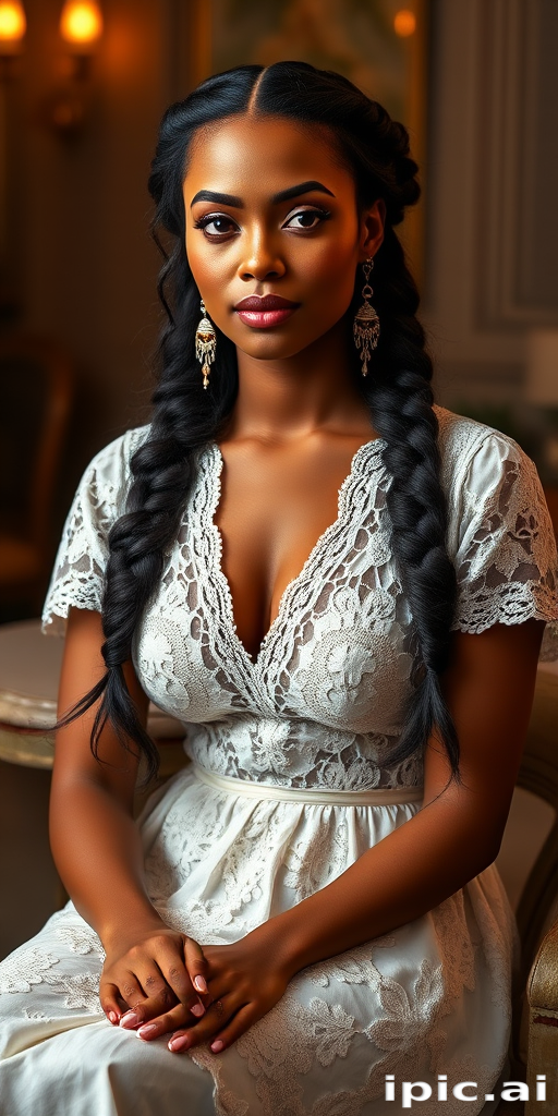 Create a portrait of a refined and elegant woman seated in a sophisticated setting. She has long, wavy hair styled in two thick braids that are pulled over her shoulders. She wears a white, lace gown with intricate patterns, featuring a deep V-neckline and short sleeves. The dress exudes a vintage charm with its delicate lacework. She is adorned with ornate, dangling earrings that add a touch of glamour to her appearance. The background is softly lit, with warm, ambient lighting that creates a cozy and inviting atmosphere. Her expression is poised and serene, capturing a sense of grace and elegance.