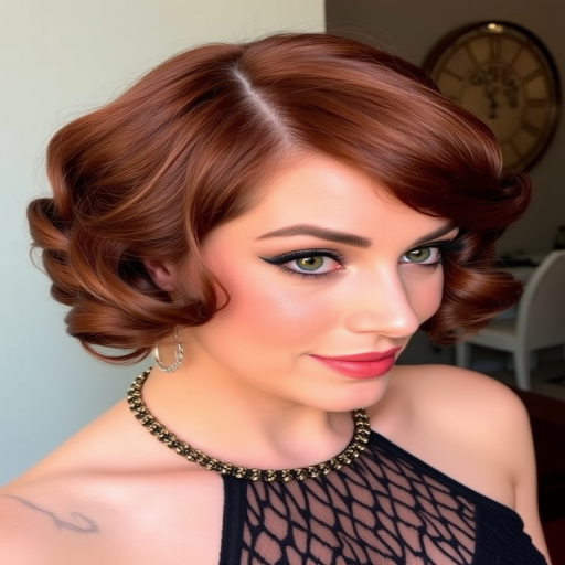 Classic finger waves in rich auburn, styled with precision and a glossy finish, evoking the glamour of the roaring twenties with a modern twist